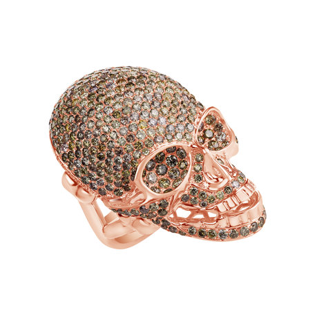 Prsteň s bielymi a hnedými diamantmi Diamond Skull