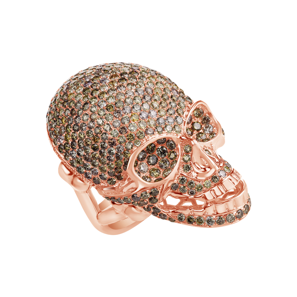 Prsteň s bielymi a hnedými diamantmi Diamond Skull